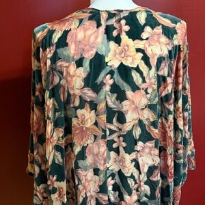 Torrid Burnout Velvet Kimono‎ Green Pink Floral Open Front One Size Boho Hippie